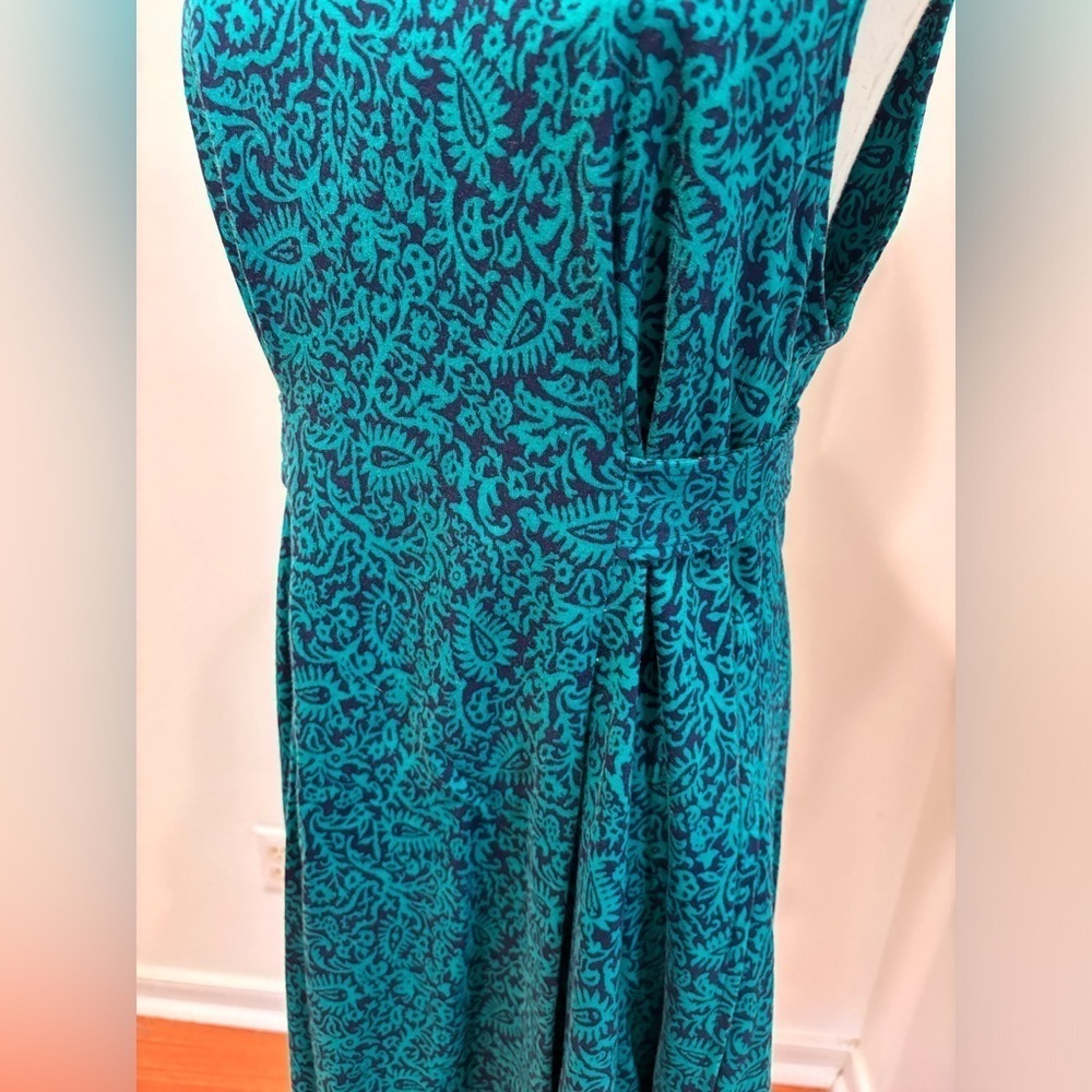 70s KNIT NAVY & GREEN PAISLEY HANDMADE COTTAGECORE SLEEVELESS V-NECK MIDI DRESS - Picture 5 of 8